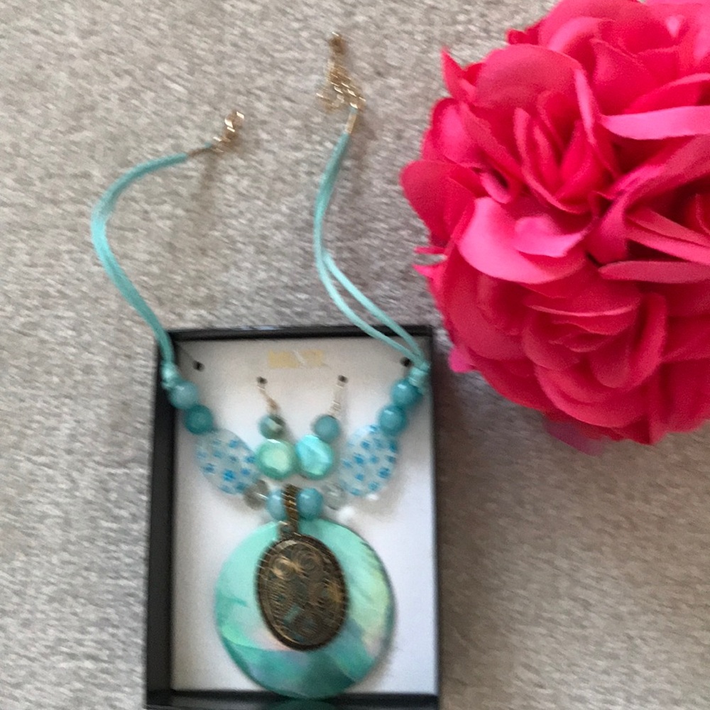 Mixit aqua coloured shell necklace and earring set
